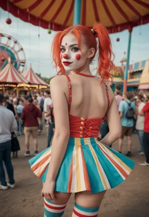 穿着白脸彩绘服装的年轻漂亮女孩 身边有很多人 以电影风格表演