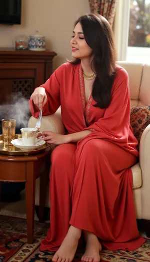 A sexy mature Pakistani woman, exuding an aura of confidence and poise, enjoying her morning coffee in the comfort of her elegant yet cozy living room. Dressed in a vibrant red silk kimono that drapes loosely over her figure, she sits on a plush cream-colored armchair, the contrast of colors highlighting her rich, dark hair that cascades over one shoulder. The morning sun streams through the floor-to-ceiling windows, casting a warm glow on her glowing skin and the intricate gold jewelry adorning her neck and wrists. A delicate china cup sits on a matching saucer on the small, antique wooden table beside her, the steam from the coffee swirling upwards, hinting at the aromatic blend within. A ornate brass tray with an Islamic geometric design holds the coffee set, complementing the vintage Persian rug beneath it. The background is a blend of traditional and modern elements, with a mix of dark wooden furniture, embroidered cushions, and a sleek, flat-screen TV on the wall, reflecting the harmonious fusion of cultures in her personal space. The woman's eyes are closed in contentment as she takes a sip, her perfectly manicured hand with henna-tinted fingertips gently cradling the cup. Her bare feet are crossed on the plush rug, and her toes peek out from the kimono's hem. The overall scene is one of quiet luxury and peaceful indulgence, a moment of personal bliss that captures the beauty and elegance of a mature woman embracing the start of her day.