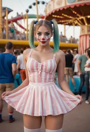 穿着白脸彩画和小丑服装的年轻漂亮女孩站在一大群人面前,用她的色情照片产生兴奋和期待