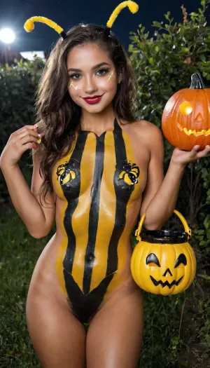 The sexy queen bee was a petite build with small breasts and a bumblebee headpiece. She smiled holding a jack o' lantern shaped candy bucket, looking like she was about to give out candy to trick-or-treaters. Her