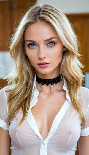 Un modelo de moda de 28 Y_O estaba en un aula, usando una falda de micro lápiz y un pelo blanco rubio, de sangre dorada hasta su cintura, ojos azules profundos y labios llenos. Era delgada con piel perfecta y una hora