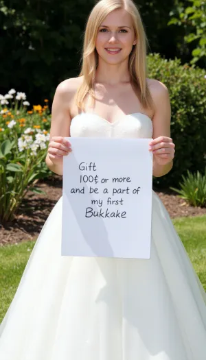 結婚式のドレスで花崗岩のブロンドは、手書きのサインを「ギフト100$以上、私の最初のブッカケの一部になる」としている庭で立っています。 彼女はセクシーな赤のルネリを着ていました