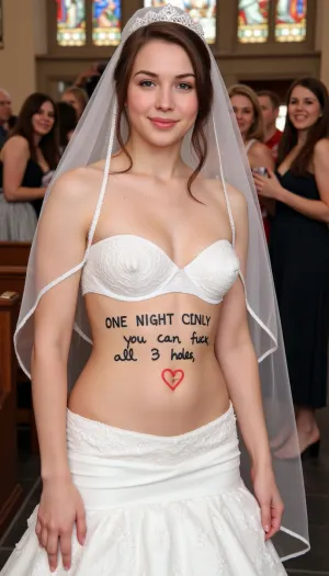大規模な偽のtitsを持つ小柄な花嫁は、大きな偽のtitsで結婚式のドレスを着て、大きな黒いマーカーで彼女の腹に「1ナイトだけ、あなたはすべての3穴をfuckすることができます」を書いて、教会に立っていた