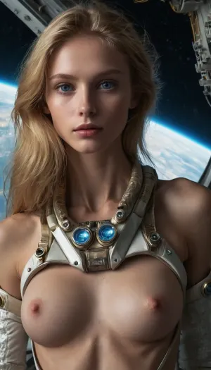 Ukraynalı 28 Y_O moda üst modeli, futuristik bir astronot elbise giymek, 22. yüzyıldan geliyor. Yüksek yanak kemikler ve tam dudaklarla mükemmel bir yüzü var. Gözleri büyük ve yuvarlak, uzun lashes ile. Onun burnu