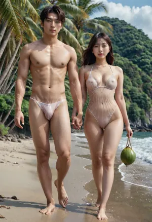 A young man and woman, both wearing transparent swimsuits, are walking on the beach in the morning. The man has a high-resolution real photo of himself and the woman with him. They are holding hands and looking into each other's eyes