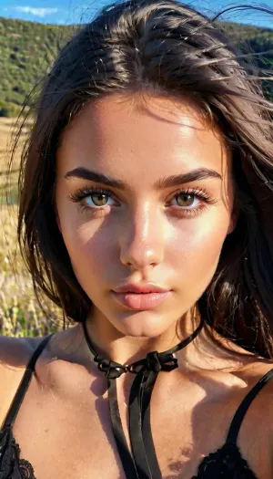 Uma jovem mulher com cabelo preto longo e olhos bonitos é capturada em uma foto de retrato de alta qualidade. A foto apresenta um fundo realista, incluindo a paisagem e os detalhes de sua roupa. A iluminação é precisa, com tons bem escolhidos que aumentam o