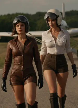 La imagen porno generada de AI representaba a dos mujeres, una con un guante de cuero en la mano y la otra con un casco de vuelo en la cabeza. Caminaban por la carretera, sus pechos de alta resolución visibles a través de sus camisas. Sus caras eran delicadas y