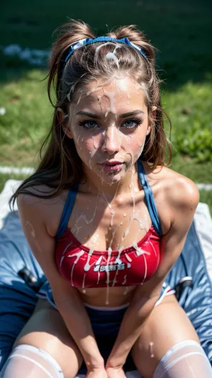 미국의 축구장은 보라 보라, 태양과 함께 스탠드 뒤에. 선수는 그들의 위치에 huddled, 상대 팀에 걸릴 준비가되었습니다. 한 선수는 나머지에서 서, 그녀의 무두질 피부 glisten