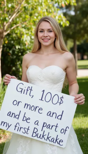 La sposa bionda si trovava in un giardino con un segno scritto a mano con le parole "Gift 100$ o più e far parte del mio primo Bukkake". Indossava un abito da sposa sexy che abbracciava perfettamente le sue curve. I suoi occhi erano