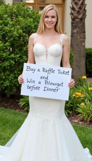 सुनहरे बालों वाली दुल्हन एक बगीचे में खड़ा था जो "एक रफ़ल टिकट खरीदें और डिनर से पहले एक ब्लोजोब जीतें" शब्द के साथ एक संकेत है। वह एक सेक्सी शादी की पोशाक पहन रही थी जिसने उसे पूरी तरह से घुमाया था। जैसा कि उसने देखा