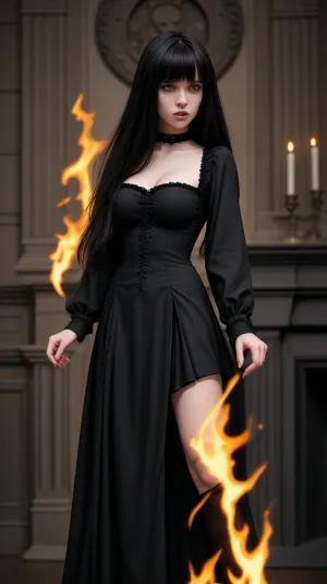 A menina na foto teve uma pontuação de 9, gerada pela AI. Ela estava usando um vestido gótico bonito com textura de alta qualidade e detalhes afiados. O cabelo dela era muito preto e flutuante no ar, como se estivesse flutuando no ar