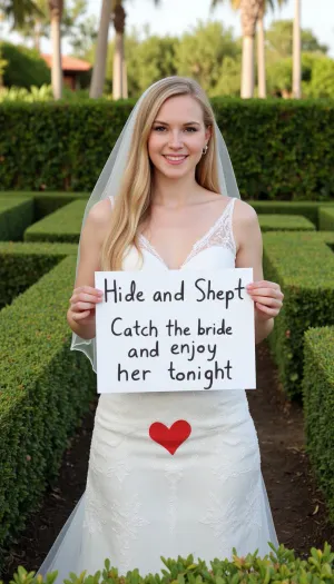 La petite mariée blonde dans sa robe de mariée se tenait dans un labyrinthe, tenant un signe avec les mots "Cacher et chercher à attraper la mariée" et un coeur rouge peint. Elle attendait que son marié la trouve, mais il n'était nulle part
