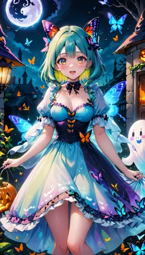 一群女孩穿着彩色的服装和化妆,笑着跳舞去音乐. 其中一人拿着一只蝴蝶 她把蝴蝶扔到空中 蝴蝶在房间里挥舞 制造出一种怪异的气氛