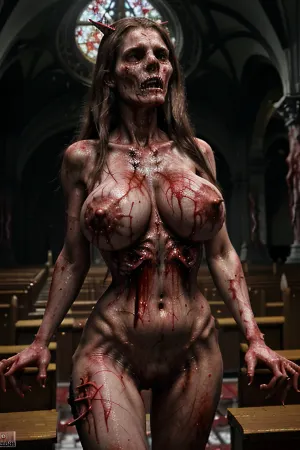 Un'immagine porno ultra dettagliata di 8k molto realistica con mostro, testa del cranio, gore, molti sangue, cadaveri sanguinosi e cadaveri. Era un quadro di alta qualità con alta illuminazione e un mostro femminile seduto su una chiesa satanica