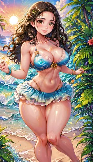 Um deslumbrante personagem inspirado em Moana de 18 anos com cabelo preto ondulado, olhos castanhos, lábios cheios, e uma cintura esbelta e figura de ampulheta posa em uma praia tropical ao pôr do sol. Ela usa um top de renda floral revelador que mal cobre
