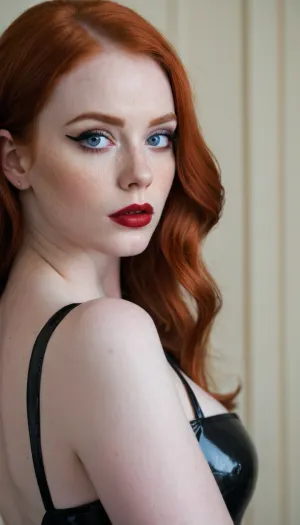 A redhead with pale skin and freckles stood before you, begging for your attention. She wore crimson stockings that hugged her curves and accentuated her ample breasts, a deep shade of red lipstick, and black latex stockings that