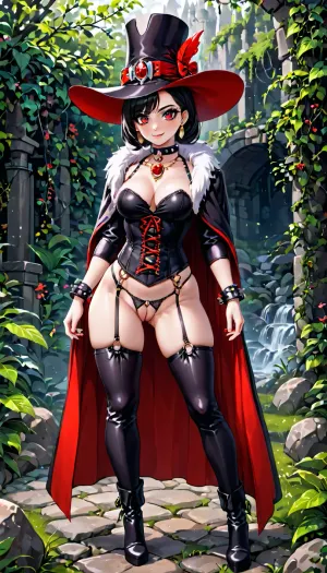 (Masterpiece), 8K UHD, Woman in red costume with cowboy and rock and roll elements.
Details, The costume consists of a long suede cape with fur trim on the cuffs and collar with metal rivets and straps, a corset, tight chaps with chains with metal rivets and straps, high-heeled boots. She also has a wide-brimmed hat and bracelets.
Style, Gothic with western and rock elements, highleg, <lora:highleg_panties_v0.1:.5>, pearl, panties, crotchless, <lora:pearl_panties:.5>, QuarterCup, <lora:QuarterCup-Civitai-01:.5>, titsonastick, <lora:titsonastickv1:.5>