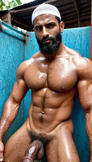 Afzal Khan, o músculo muçulmano com um pau enorme, estava no banheiro público de uma favela. Ele flexionou seu grande suor corpo nu em banheiro público aberto de favela. Suas axilas peludas e peito foram