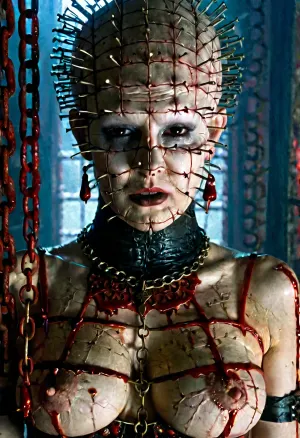 hellraiser style, pinhead female, huge tits, topless, chains, hooks, blood dripping, horror, gore, many blood, in ancient temple, pinhead, <lora:Pinhead_Hellraiser_SDXL:1>