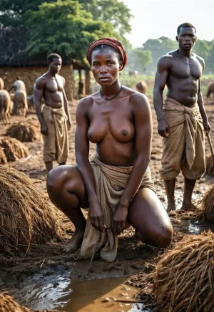 African 2 male farmers wearing a slaughteroutfit engaging in the daily chores on a crowed female slave farm with 3 beautiful near black skinned congo naked woman Human women who are collared and made to walk on all fours crawlingfeeding the female slavesslaves, meticulously cleaning their pussys, nestled in a serene pastoral landscape, ultra realistic, golden hour light bathing the scene, highlighting textures, capturing the fine detail of the female slaves's bristles and the male farmers' traditional clothing, dramatic lighting, ultra fine detail.The scene is dramatic and aims to raise awareness about woman suffering. The farmyard is surrounded by old stone buildings, with a muddy ground, creating a gritty and somber atmosphere.all be suround by goats and pigs