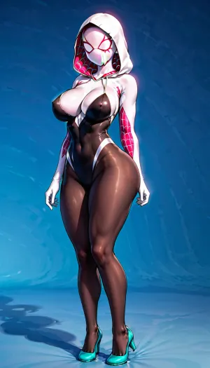 Spider-Gwen posó seductoramente en una web, mostrando sus grandes pechos y colgando de la web. Sus gruesos muslos y la vista completa del cuerpo estaban en exhibición para la cámara