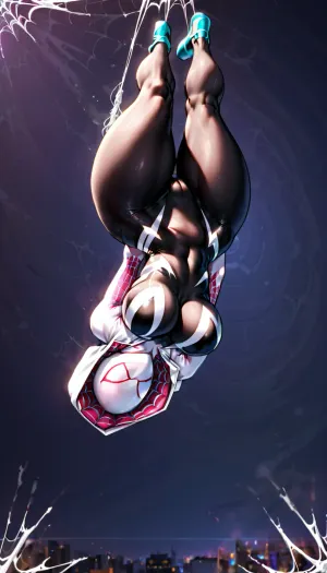 Spider-Gwen schwang durch die Stadt, ihr großer Arsch schwindelte mit jeder Bewegung. Sie erwischt eine Gruppe von Schlägern, die versucht haben, eine Bank zu berauben und fiel auf sie zu konfrontieren. Mit einem lauten Thud griff sie einen