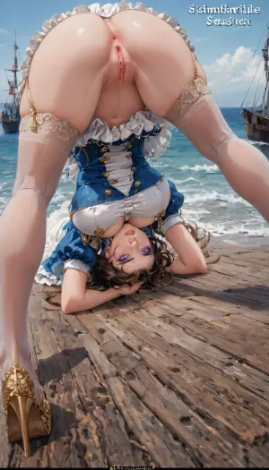 Un modelo europeo con un gran busto y hermoso maquillaje se puso en la cubierta del barco, mirando hacia fuera la batalla del mar abajo. Tenía pechos grandes y un hermoso culo, que la hizo parecer de Escandinavia. Su uniforme de cielo azul con