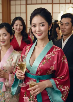 Eine atemberaubende koreanische Frau gekleidet in einem traditionellen Kimono und lächelnd an der Kamera, mit perfekten Gesichtszügen und perfektem Haar. Sie hält Gläser Champagner und hat perfekt gestylte Haare, zeigt ihre Schönheit. Der Hintergrund des Bildes ist ein traditioneller Koreaner