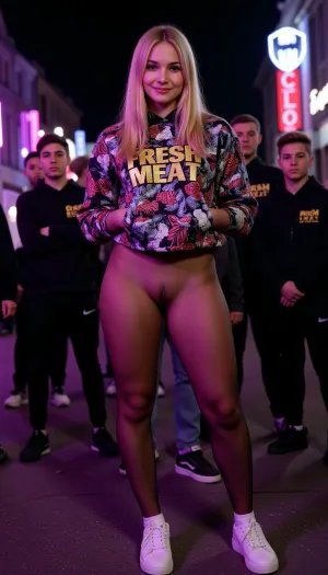 22 year old petite blonde girl, facing viewer, beautiful detailed yes, wearing a goth style graffiti picture hoodie, Text printed in large golden letters on the hoodie "FRESH MEAT". pawg, wearing long tight random color transparent lycra leggings, wearing white trainers, feet facing the correct way, beautiful, normal proportions of legs, cute, ((no underwear)), big booty, massive boobs, sexy smile, on a neon street at night, Behind her stands a large group of gangster men in the background