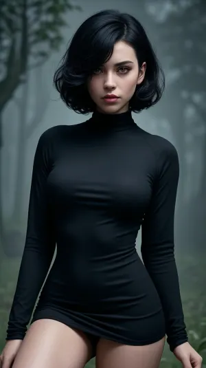 full body portrait, (pretty girl), face forward, (raven black short curly hair color, bangs), serious expression, looking at viewer, ((wearing long-sleeved black crew neck dress with a white collar, black thigh high socks, mary jane shoes)), standing, skinny, petite body, midnight, eerie vibes, creepy mansion, brick, vines, field, fog, mysterious, BREAK, (8k, RAW photo, best quality, masterpiece:1.2), (realistic, photo realistic:1.3), UHD, high detail RAW color photo, sharp focus, (real skin), perfect anatomy, slender, perfectly detailed face and eyes, (cinematic lighting), (moist eyes, moist lips)