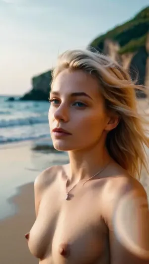 Uma mulher loira estava na praia, tirando fotos da bela paisagem ao redor dela. Suas pequenas mamas saltaram com cada passo, e ela tinha um pequeno sorriso em seu rosto. Ela estava no controle total da situação, e sabia exatamente o que ela