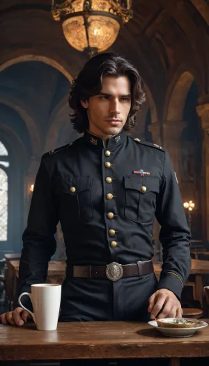 Un hombre con uniforme militar negro se sentó solo en su cuarto oscuro, mirando la imagen de un joven mago en su computadora. Estaba triste y solo, pero tenía una taza de café para hacerle compañía. Era una imagen generada por AI