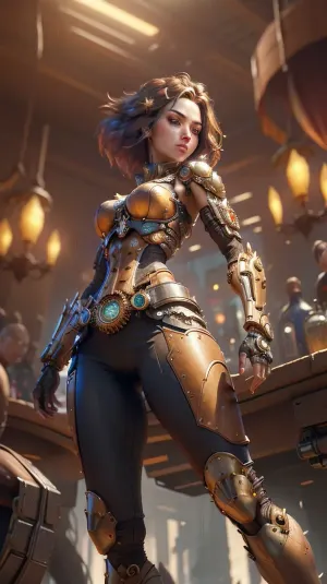 In einer Cyberpunk-Welt wird eine Frau mit der besten Qualität AI in einem schönen Meisterwerk gefangen genommen. Ihr schönes Gesicht und perfekte Beleuchtung verleihen ihr einen zusätzlichen Rand, während ihre mechanischen Arme und Kleidung ihr einen zusätzlichen Rand verleihen. Der Schuss ist vorausgesagt