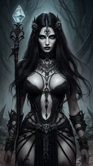 Ela era uma sacerdotisa necromante com cabelo escuro longo e impressionante, olhos místicos. Seu traje foi feito de tecidos escuros e manchados adornados com ossos, crânios e outros símbolos necromanticos. Ela usava intrincada