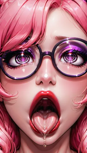 La donna nella foto aveva un grande occhi a spirale, capelli rosa, ombretto viola, occhiali, labbra plump, eyeliner e rossetto rosso. Indossava occhi a spirale neri con espressione ahegao