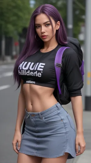 Гиперреалистичное фото сексуальной женщины с фиолетовыми волосами и мини-юбкой автостопщика мгновенно стало хитом. У нее была тонкая талия, спортивная фигура и большая грудь, которые были прекрасно продемонстрированы в кроссовке Adidas