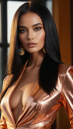 8kの映画館の肖像画の若い女性は、洗練された黒の洗練された髪とストレートを着ています。 彼女は自信を持ってポーズしている、彼女の頭は彼女の顔に慎重に中立的な表現で完璧な姿勢で後ろに傾いた