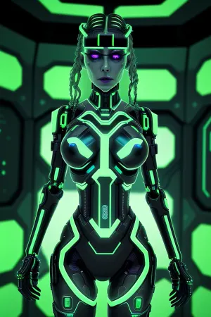 博格女王站在暗淡的房间里 她的金属植入和发光的绿色灯光 铸造了令人发指的气息 她的外表是人文和网络特征的混合体,有着复杂的机械和流动的长袍流过她的身体. 