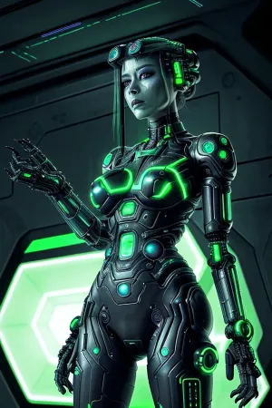 A human woman has been assimilated and transformed into the Borg Queen. She stands in a dimly lit, futuristic chamber filled with intricate machinery and glowing green lights. Her appearance is a blend of human and cybernetic features, with metallic implants and a regal, commanding presence. The atmosphere is tense and mysterious, with shadows cast across her face, highlighting her piercing eyes and the intricate details of her cybernetic enhancements. The background is filled with the hum of advanced technology and the faint outlines of other Borg drones, emphasizing her authority and connection to the collective.