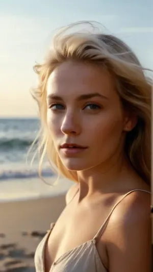 A mulher loira estava na praia, seu corpo brilhando ao sol. Ela usava um biquíni minúsculo que acentuava suas curvas e a fazia parecer ainda mais bonita. Seus olhos estavam fechados quando ela tomou o sol quente, mas quando ela