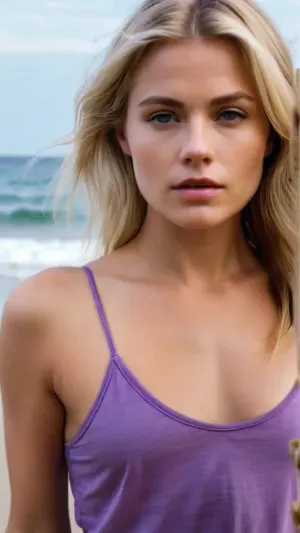 A mulher loira estava na praia, sua camisa roxa soprando no vento. Ela tinha uma foto de si mesma com um rosto bonito e detalhes finos. Suas pequenas mamas foram visíveis através de sua camisa, e ela parecia feliz e conteúdo