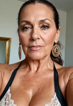 Büyük bir saggy vücudu olan 75 yaşındaki bir kadın, altın hoop küpeleri ve Tan derisi akıllı telefonlarıyla bir selfie alıyordu. Orta uzunlukta kahverengi saçları vardı ve bir ponytail giyiyordu. Yüzü mutlu görünüyordu