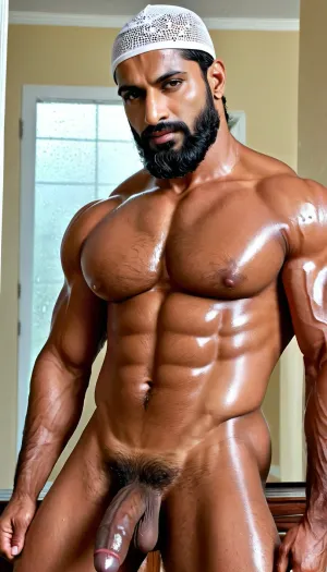 一个有着巨大勃起和深色毛发身体的肌肉穆斯林男子,准备支配在他面前看到的人. 他的肌肉被定义,腹部通过皮肤上的油性汗液可见. 他有一个强烈的目光