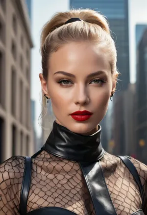 Un superbe portrait de mode avec un magnifique modèle de mode BDSM dominatrix qui flâne de façon décontractée sur les trottoirs de New York sous des gratte-ciels en verre brillant et un soleil naturel éclatant. La jeune femme est confiante et impitoyable, sa tête légèrement inclinée comme elle donne un