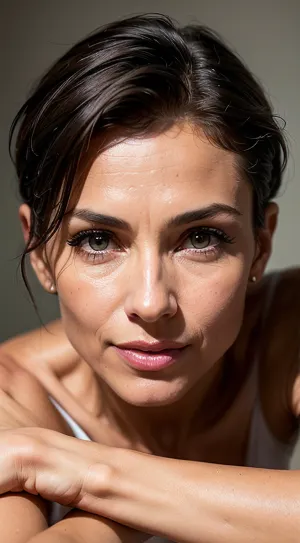 女性は彼女の腕と足の入れ墨で細い筋肉の体を持っていて、彼女の北欧の遺産を披露しました。 彼女のスリムな数字を強調したセクシーな高品質ヒールのペアを除いて、彼女は完全に裸体でした。 顔が美しい