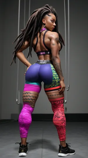 La donna con i capelli multicolori e i pantaloni sportivi è entrata in palestra, pronta a lavorare fuori. Indossava un top cutaneo scuro che le mostrava abs tonica e culo grosso. I suoi dreadlock erano legati in un