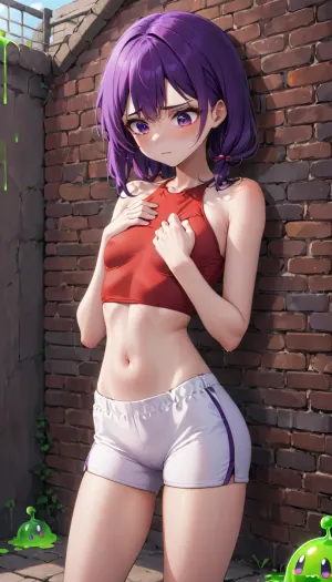 La ragazza era sola nella stanza, fissando il muro. Aveva un petto piatto e una vita sottile, con un piccolo seno e gambe lunghe. I suoi occhi guardavano giù, come se fosse triste per qualcosa. Improvvisamente, lei strinse la sua tette