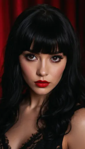 Женщина с темными волосами и макияжем, одетая в красную помаду и тушь, фотографирует себя в зеркало с помощью камеры Canon EOS R5. У нее самая высокая резолюция, доступная сегодня