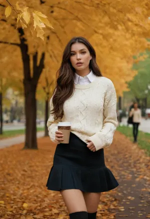 A young woman with long dark brown hair standing in an autumn park, holding a Starbucks coffee cup, a book tucked under her right arm, she wears a tan cable-knit sweater over a white collared shirt with ruffled cuffs