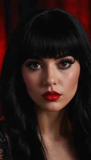 Макияж женщины был настолько тяжелым, что казалось, что она плакала несколько часов. Ее тушь была испорчена, а подводка для глаз бежит по ее щекам. Ее губная помада была темно-красного оттенка, что делало ее похожей на гиперреальную